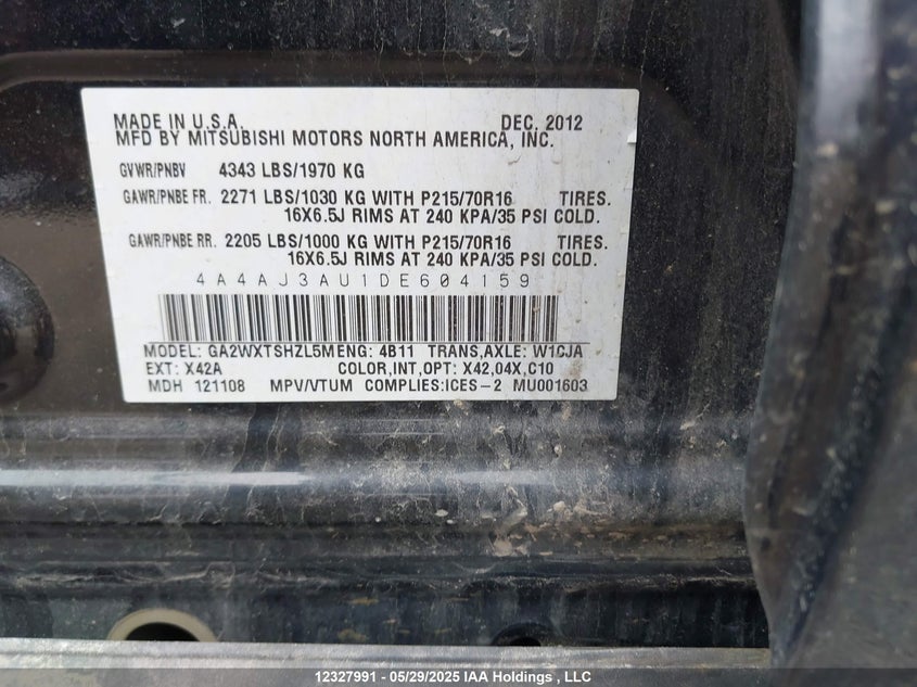 2013 Mitsubishi Rvr Se VIN: 4A4AJ3AU1DE604159 Lot: 12327991