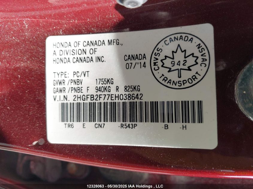 2014 Honda Civic VIN: 2HGFB2F77EH038642 Lot: 12328063