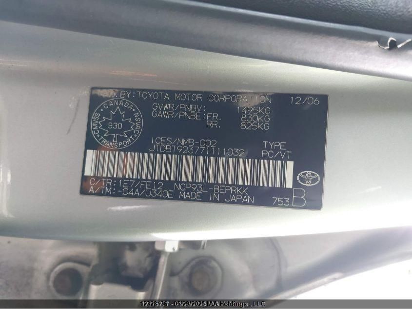 2007 Toyota Yaris VIN: JTDBT923771111032 Lot: 12328136