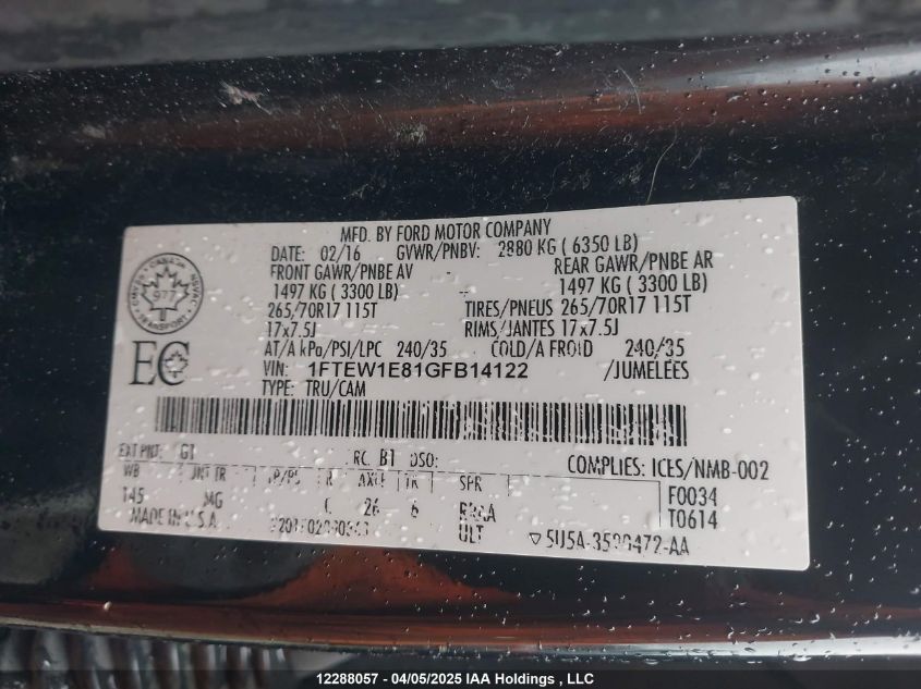 2016 Ford F-150 Xlt VIN: 1FTEW1E81GFB14122 Lot: 12288057X