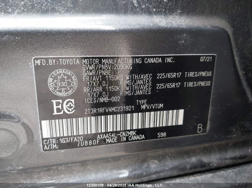 2021 Toyota Rav4 Xle VIN: 2T3R1RFV4MC231921 Lot: 12300109X