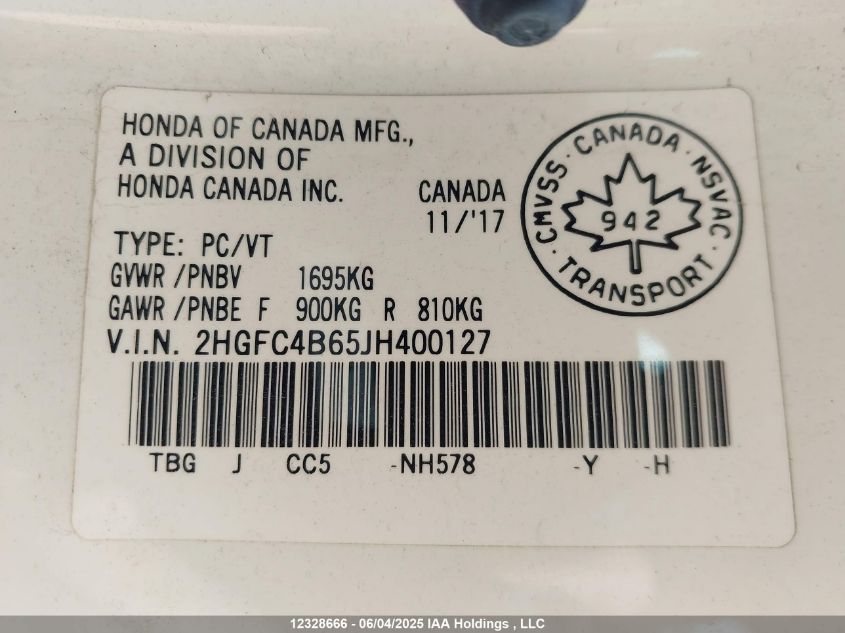 2018 Honda Civic VIN: 2HGFC4B65JH400127 Lot: 12328666