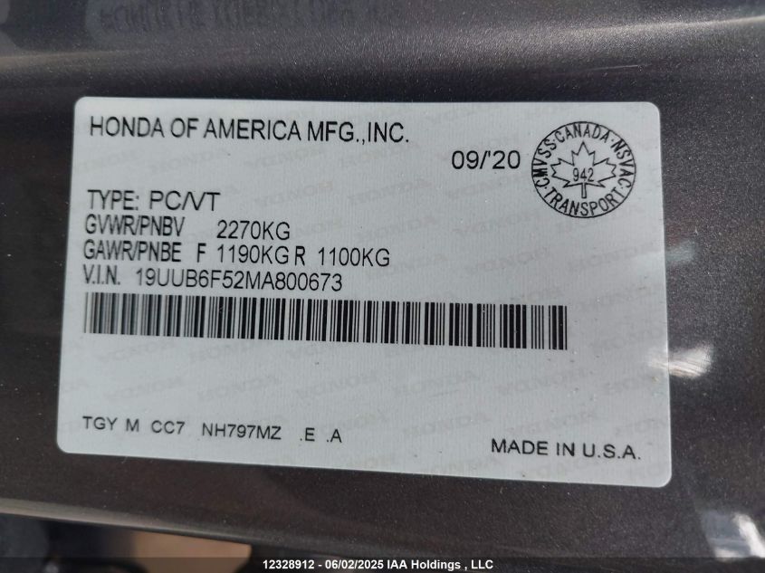 2021 Acura Tlx Tech A VIN: 19UUB6F52MA800673 Lot: 12328912