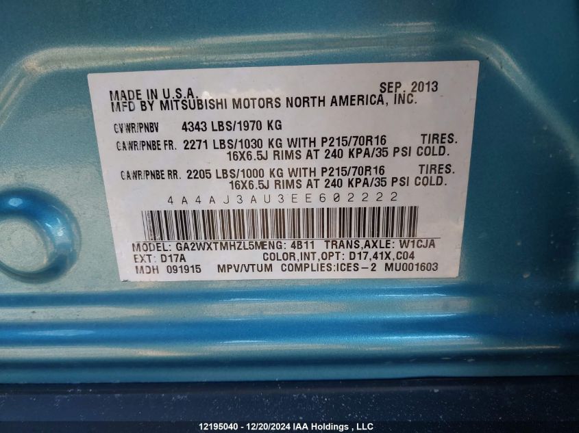 2014 Mitsubishi Rvr Se VIN: 4A4AJ3AU3EE602222 Lot: 12195040X