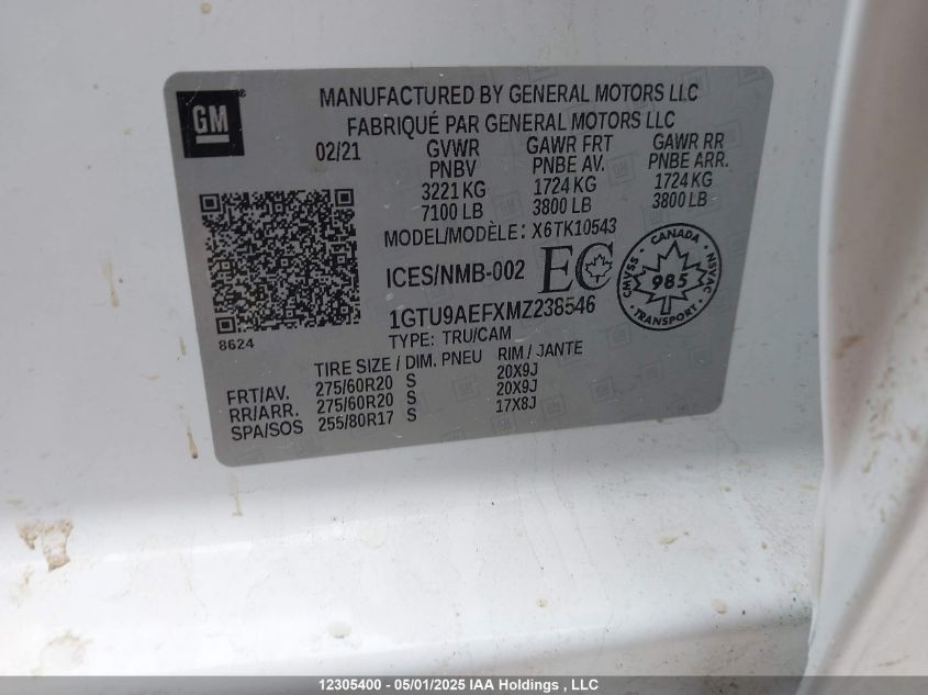 2021 GMC Sierra 1500 VIN: 1GTU9AEFXMZ238546 Lot: 12305400X