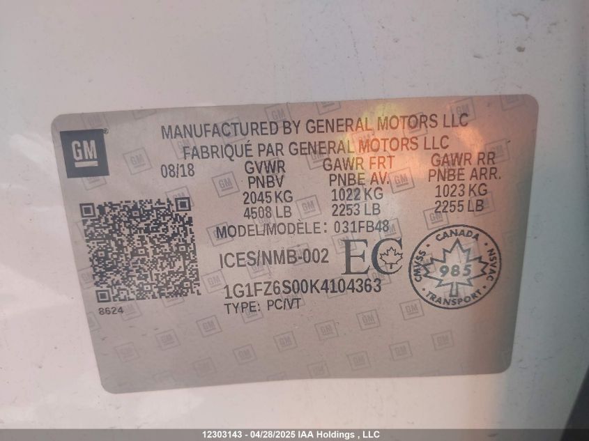 2019 Chevrolet Bolt Ev Premier VIN: 1G1FZ6S00K4104363 Lot: 12303143X