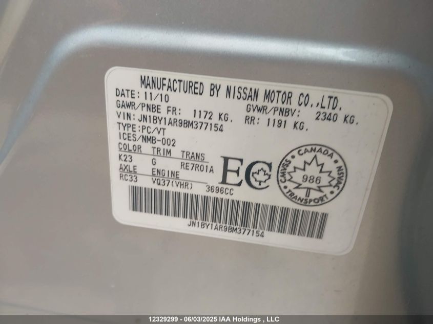 2011 Infiniti M37X VIN: JN1BY1AR9BM377154 Lot: 12329299