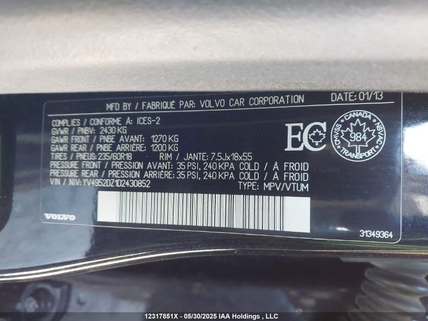2013 Volvo Xc60 3.2/3.2 Platinum/3.2 Premier/3.2 Premier Plus VIN: YV4952DZ1D2430852 Lot: 12317851X
