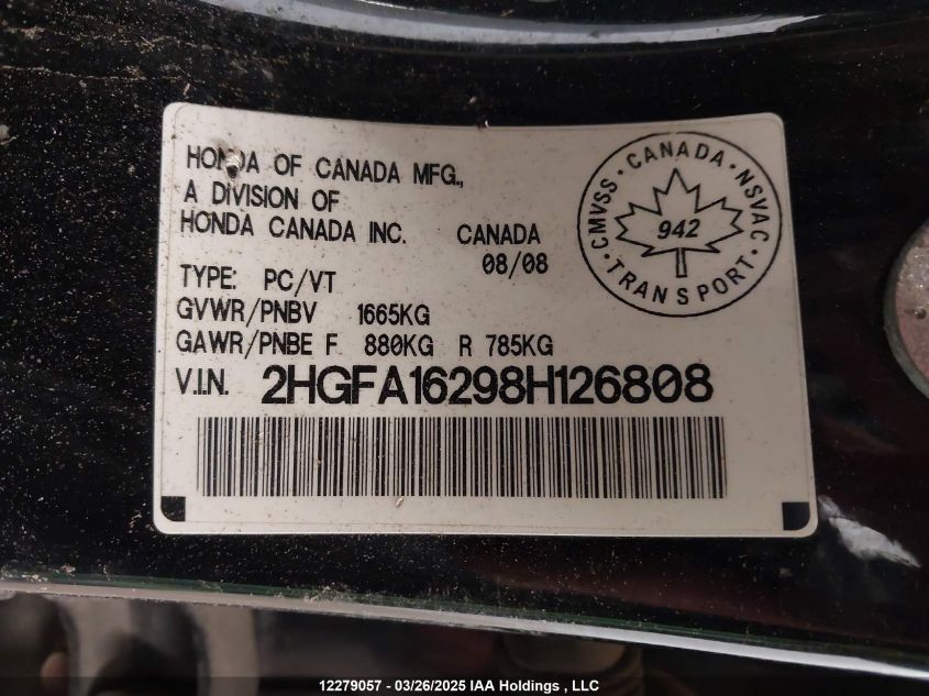 2008 Honda Civic Dx/Dx-A VIN: 2HGFA16298H126808 Lot: 12279057X