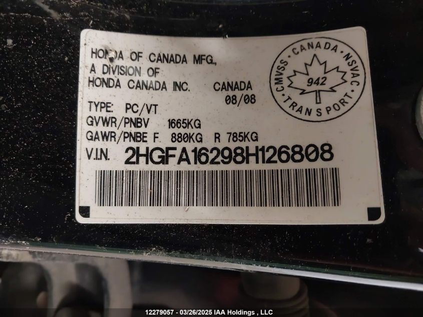 2008 Honda Civic Dx/Dx-A VIN: 2HGFA16298H126808 Lot: 12279057X