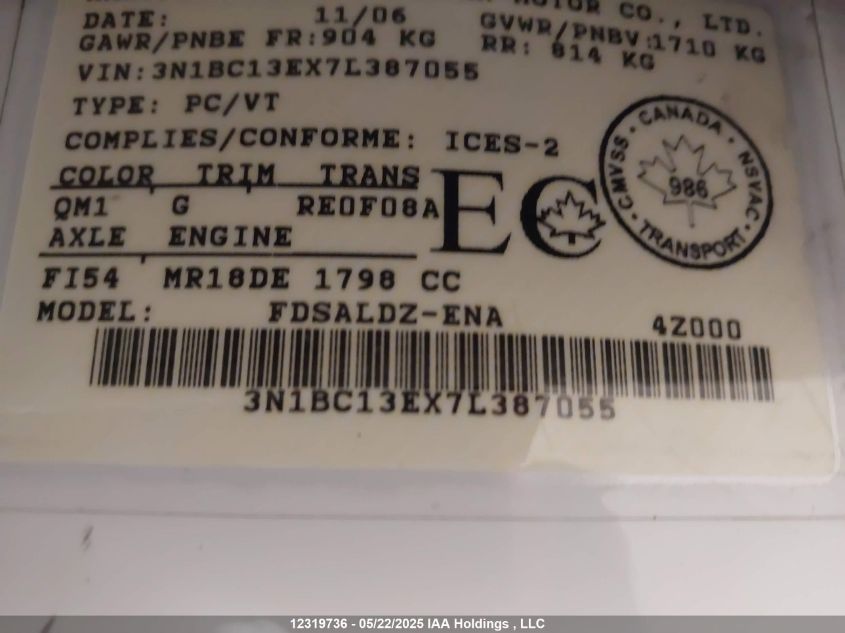 2007 Nissan Versa 1.8Sl VIN: 3N1BC13EX7L387055 Lot: 12319736X