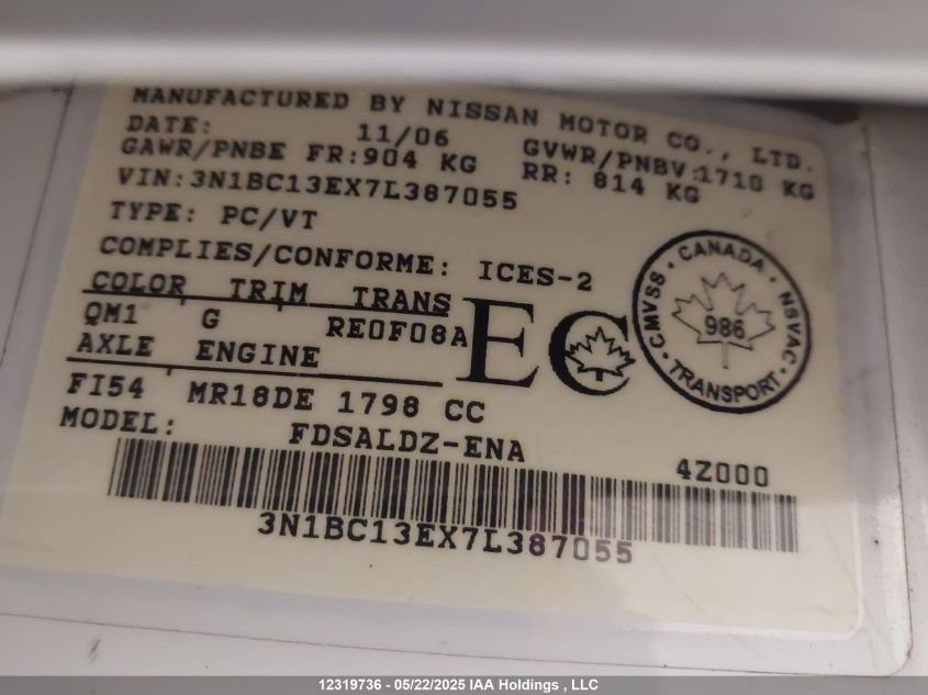 2007 Nissan Versa 1.8Sl VIN: 3N1BC13EX7L387055 Lot: 12319736X