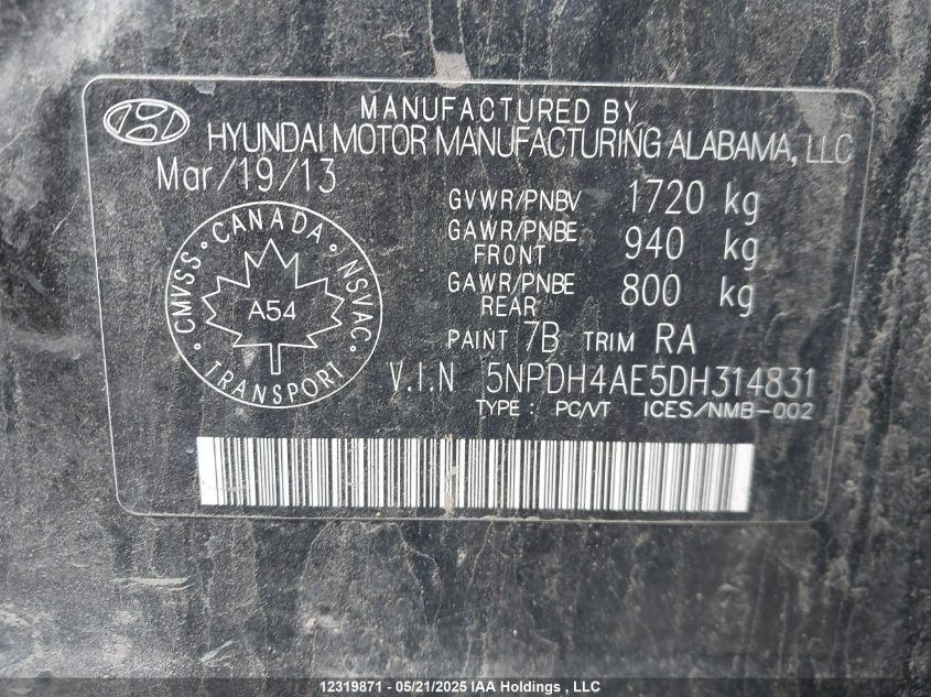 2013 Hyundai Elantra Gl VIN: 5NPDH4AE5DH314831 Lot: 12319871X