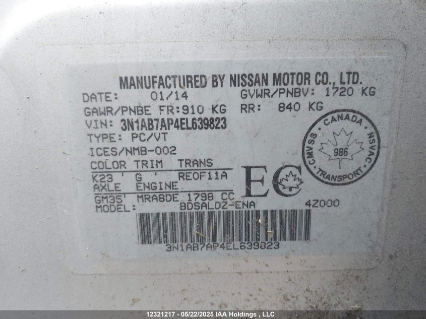 2014 Nissan Sentra 1.8 S/1.8 Sl/1.8 Sr/1.8 Sv VIN: 3N1AB7AP4EL639823 Lot: 12321217X