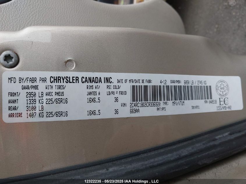 2012 Chrysler Town & Country Touring VIN: 2C4RC1BG9CR336920 Lot: 12322235X