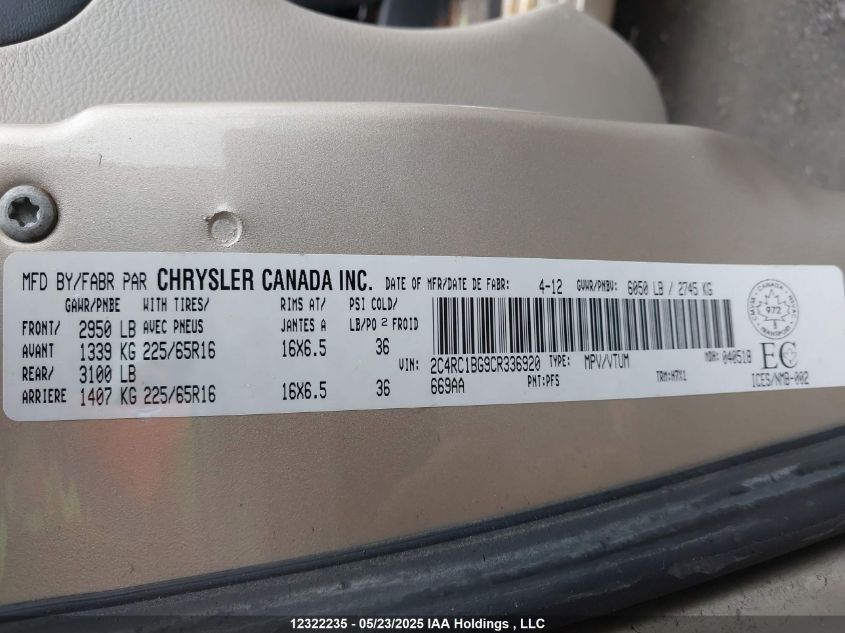 2012 Chrysler Town & Country Touring VIN: 2C4RC1BG9CR336920 Lot: 12322235X