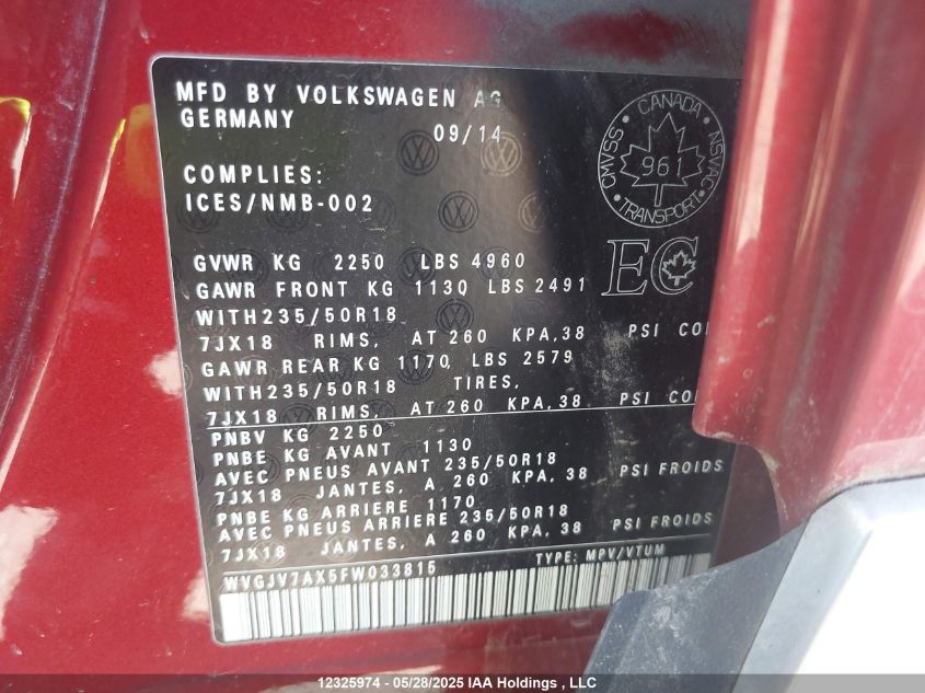 2015 Volkswagen Tiguan Comfortline/Highline/Special Edition/Trendline VIN: WVGJV7AX5FW033815 Lot: 12325974X