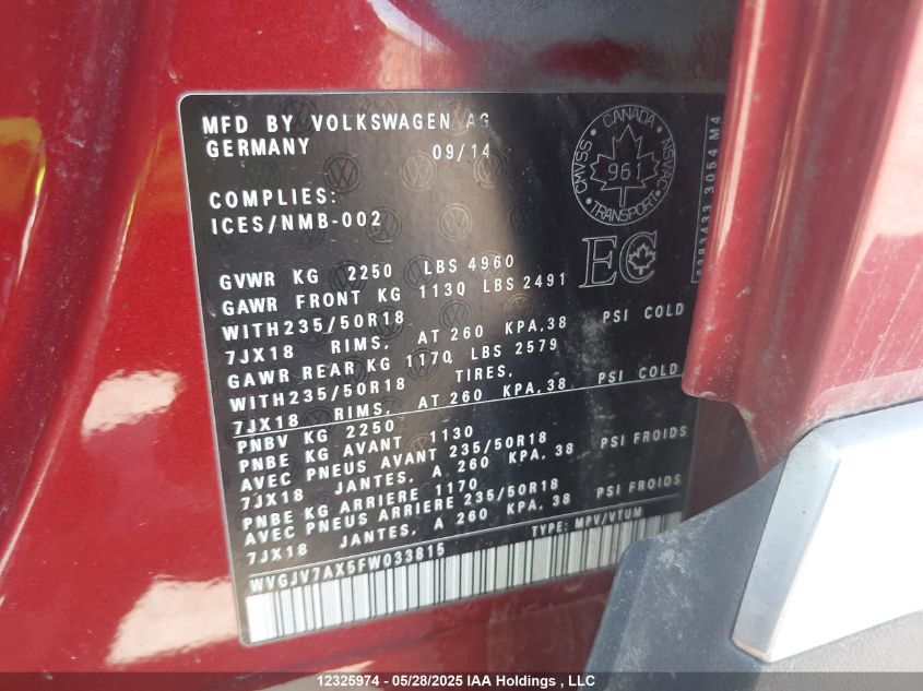 2015 Volkswagen Tiguan Comfortline/Highline/Special Edition/Trendline VIN: WVGJV7AX5FW033815 Lot: 12325974X