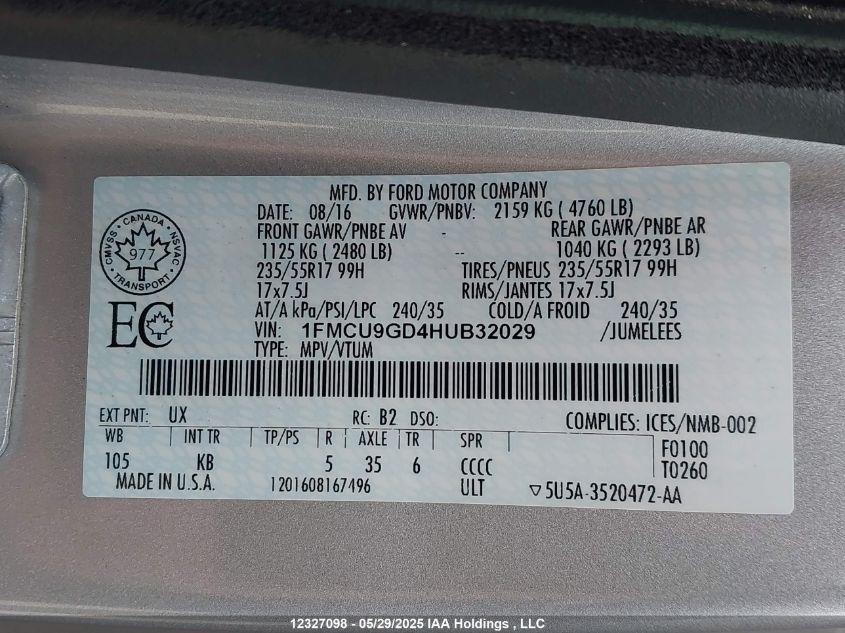 2017 Ford Escape Se VIN: 1FMCU9GD4HUB32029 Lot: 12327098X