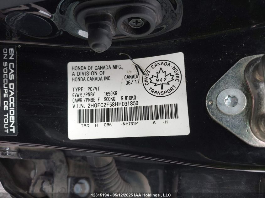 2017 Honda Civic Lx VIN: 2HGFC2F58HH031859 Lot: 12315194X