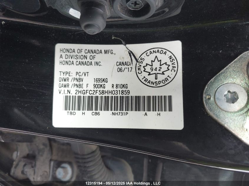 2017 Honda Civic Lx VIN: 2HGFC2F58HH031859 Lot: 12315194X