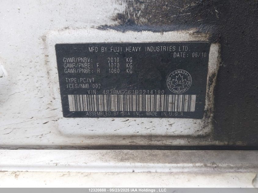 2011 Subaru Legacy 2.5I Premium VIN: 4S3BMGG61B3214190 Lot: 12320888X