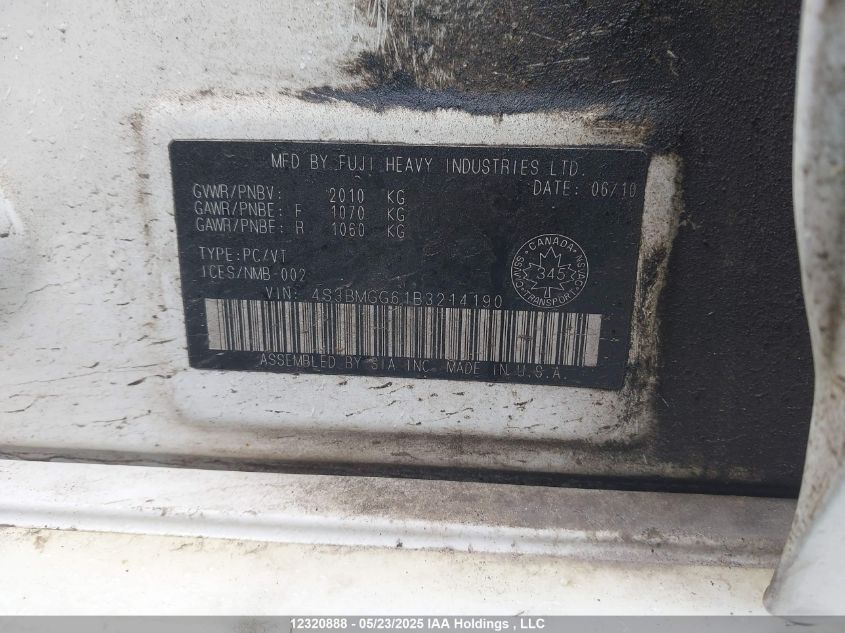 2011 Subaru Legacy 2.5I Premium VIN: 4S3BMGG61B3214190 Lot: 12320888X