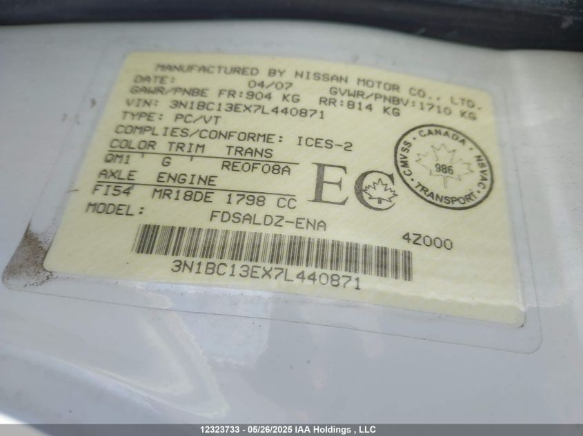 2007 Nissan Versa 1.8Sl VIN: 3N1BC13EX7L440871 Lot: 12323733X