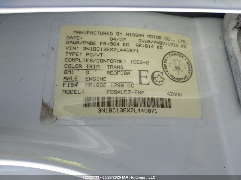 2007 Nissan Versa 1.8Sl VIN: 3N1BC13EX7L440871 Lot: 12323733X