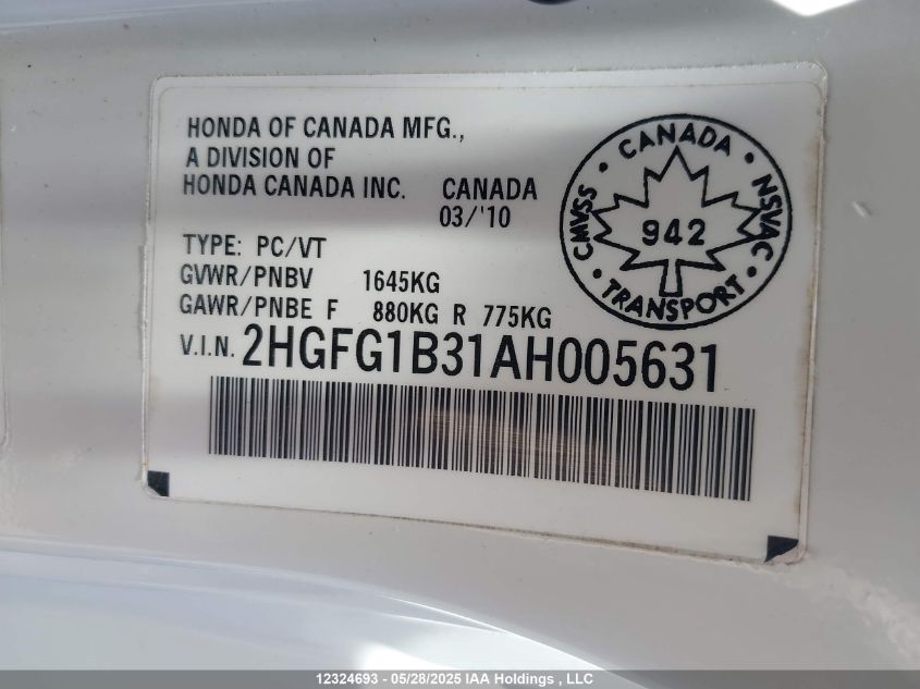 2010 Honda Civic Dx-G VIN: 2HGFG1B31AH005631 Lot: 12324693X