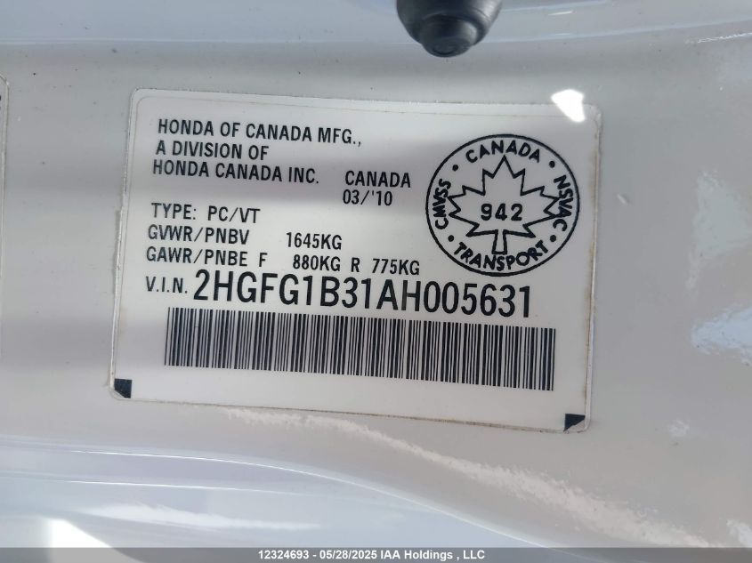 2010 Honda Civic Dx-G VIN: 2HGFG1B31AH005631 Lot: 12324693X