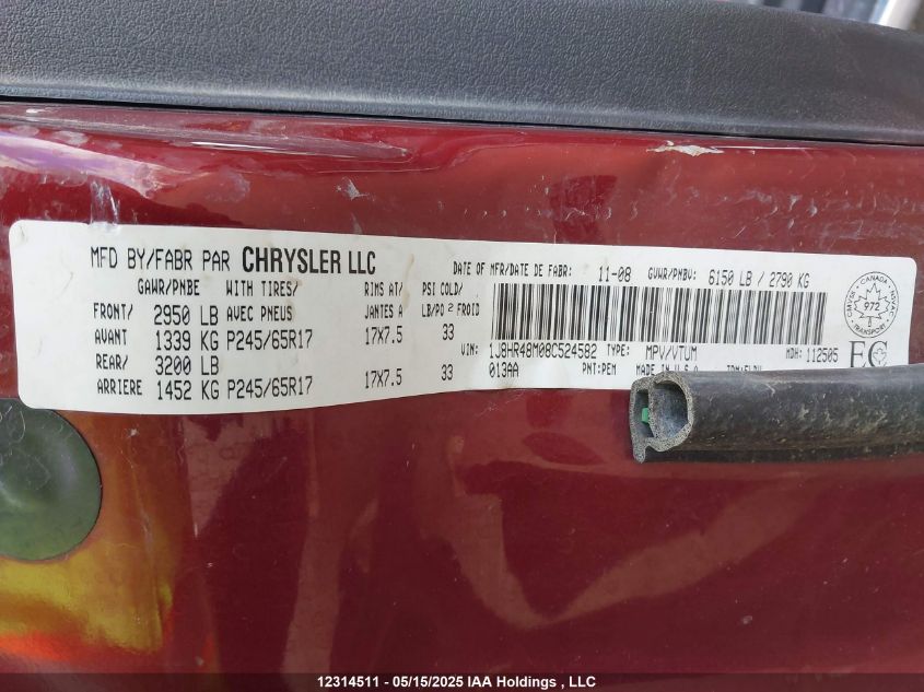 2008 Jeep Grand Cherokee Laredo VIN: 1J8HR48M08C524582 Lot: 12314511X