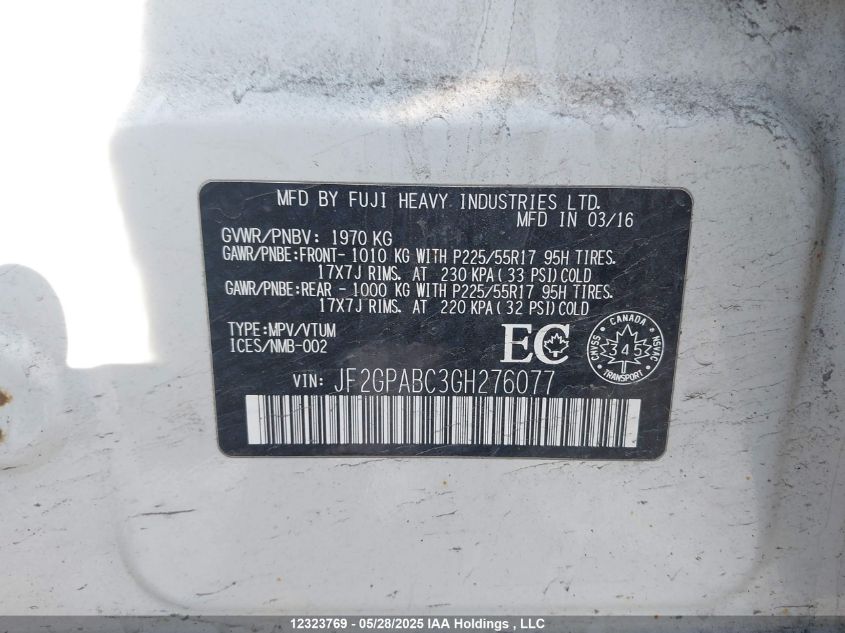 2016 Subaru Crosstrek 2.0I W/Touring Pkg/Sport Package VIN: JF2GPABC3GH276077 Lot: 12323769X