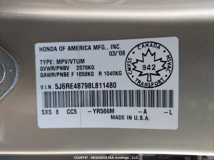 2008 Honda Cr-V Ex-L VIN: 5J6RE48798L811480 Lot: 12329747