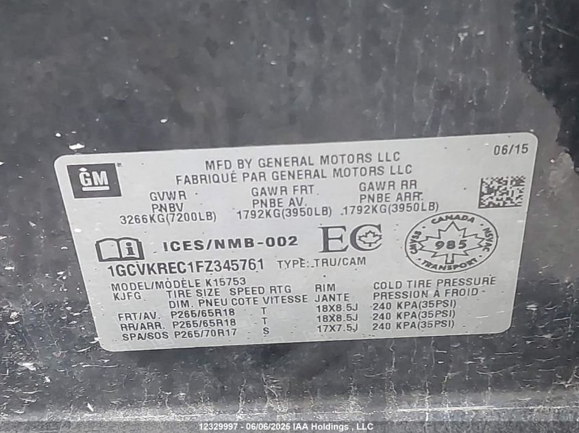 2015 Chevrolet Silverado 1500 1Lt/2Lt VIN: 1GCVKREC1FZ345761 Lot: 12329997