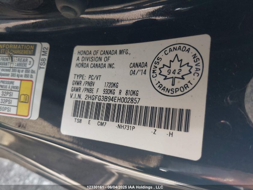 2014 Honda Civic VIN: 2HGFG3B94EH002857 Lot: 12330161