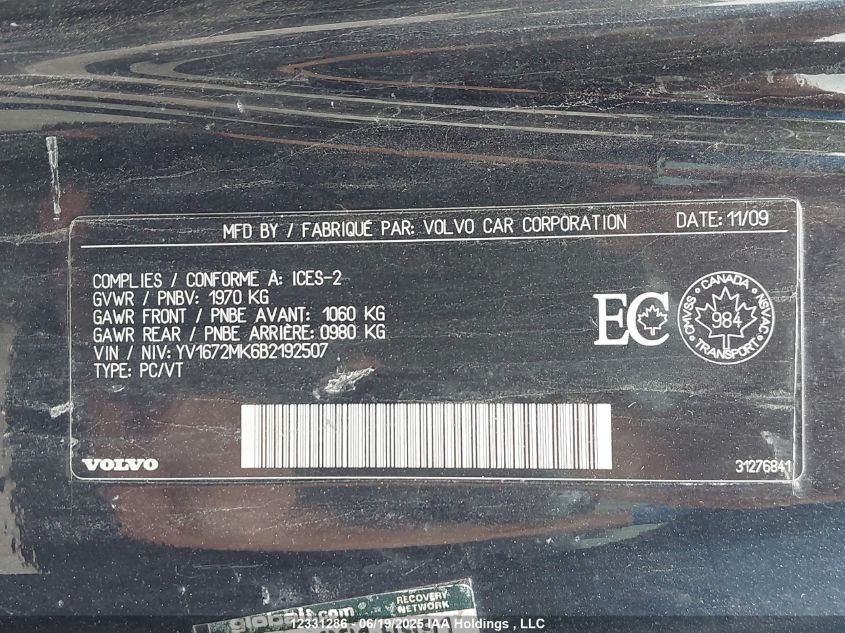 2011 Volvo C30 VIN: YV1672MK6B2192507 Lot: 12331286