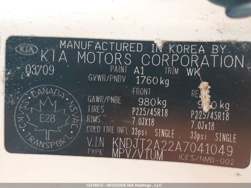 2010 Kia Soul 2.0L 2U/2.0L 4U/2.0L 4U Burner/2.0L 4U Retro/2.0L 4U Sx VIN: KNDJT2A22A7041049 Lot: 12316512X