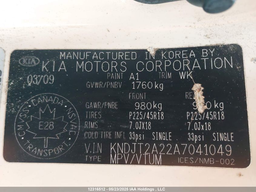 2010 Kia Soul 2.0L 2U/2.0L 4U/2.0L 4U Burner/2.0L 4U Retro/2.0L 4U Sx VIN: KNDJT2A22A7041049 Lot: 12316512X