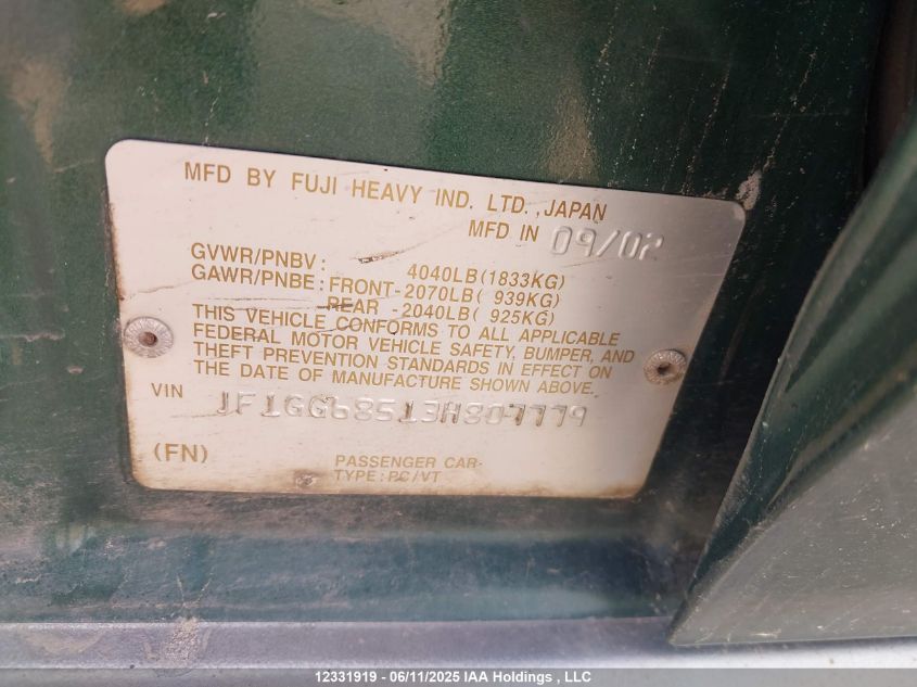 2003 Subaru Impreza Outback Sport VIN: JF1GG68513H807779 Lot: 12331919