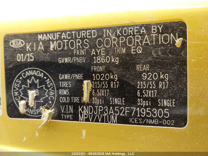 2015 Kia Soul Ex/Ex+/Ex+ Eco VIN: KNDJP3A52F7195305 Lot: 12323321X