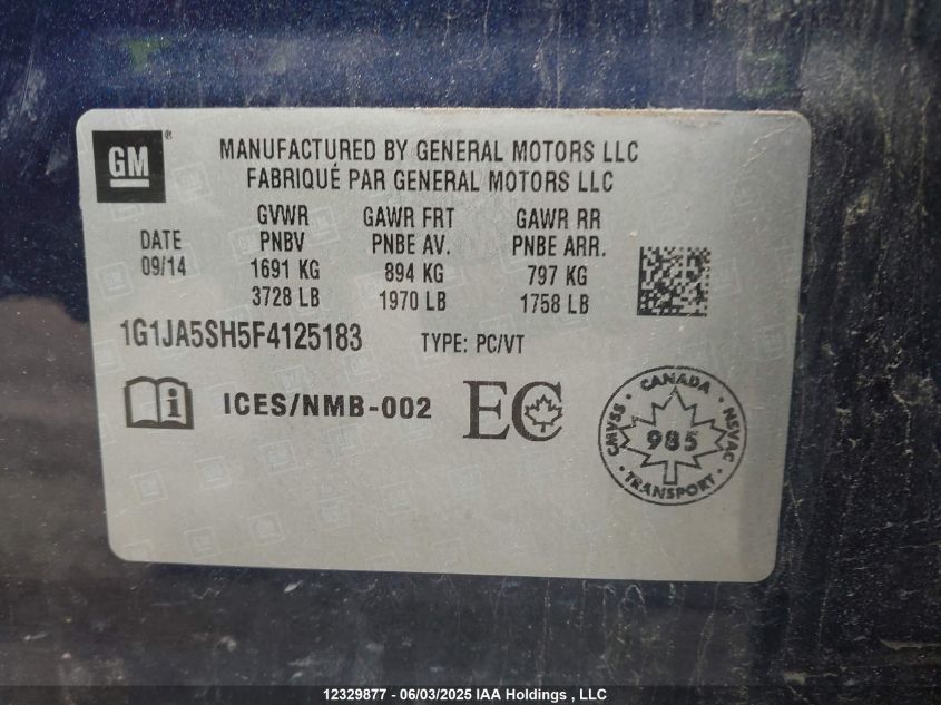 2015 Chevrolet Sonic Ls Auto VIN: 1G1JA5SH5F4125183 Lot: 12329877X
