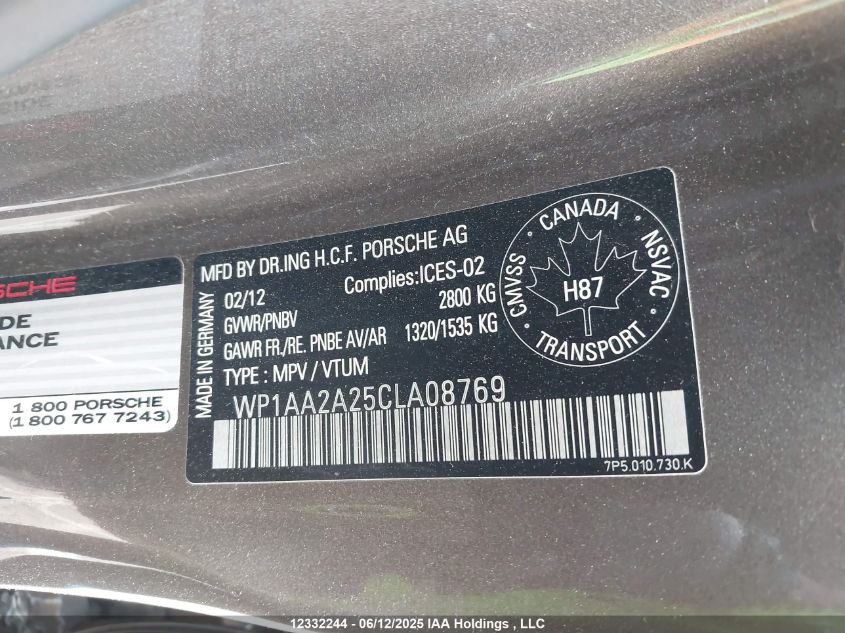 2012 Porsche Cayenne VIN: WP1AA2A25CLA08769 Lot: 12332244