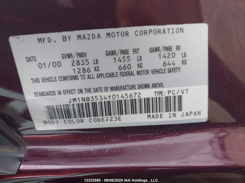 2000 Mazda Mx-5 Miata VIN: JM1NB3534Y0145672 Lot: 12332550