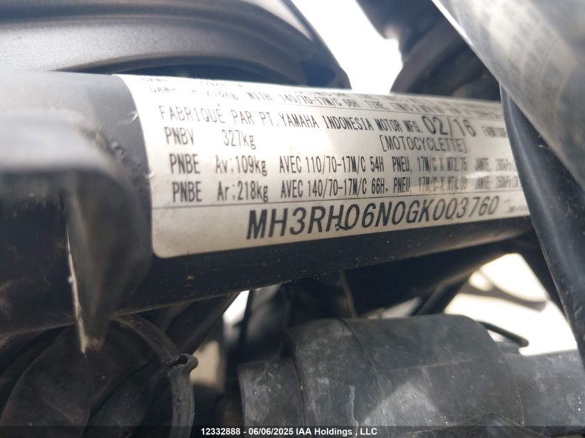 2016 Yamaha Yzfr3 VIN: MH3RH06N0GK003760 Lot: 12332888
