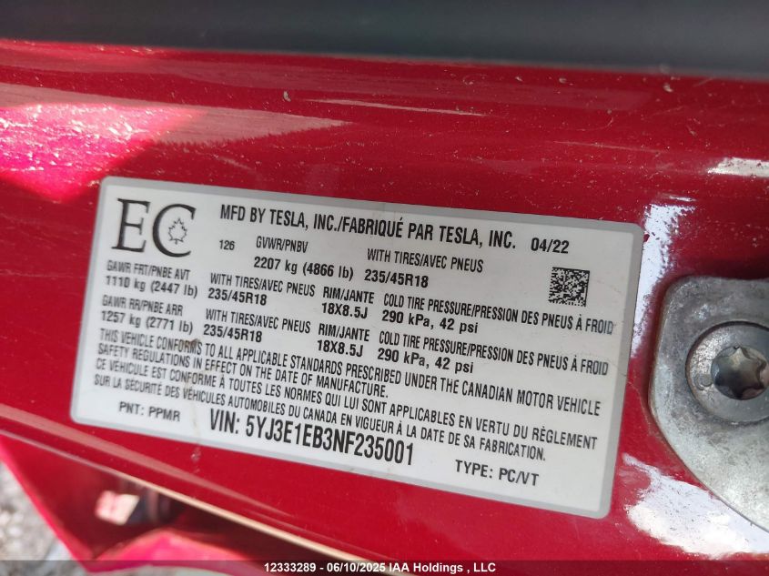 2022 Tesla Model 3 VIN: 5YJ3E1EB3NF235001 Lot: 12333289