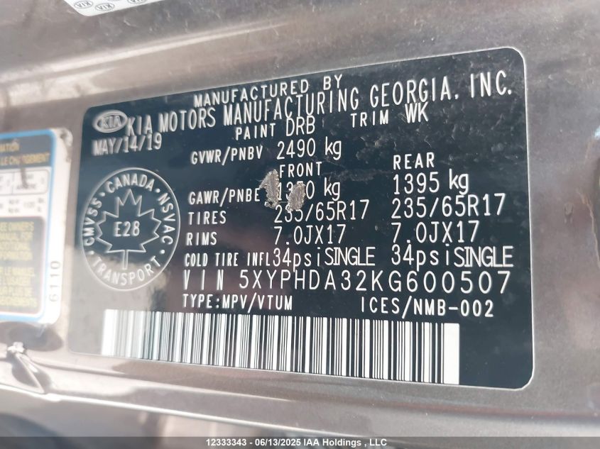 2019 Kia Sorento 2.4L Ex VIN: 5XYPHDA32KG600507 Lot: 12333343