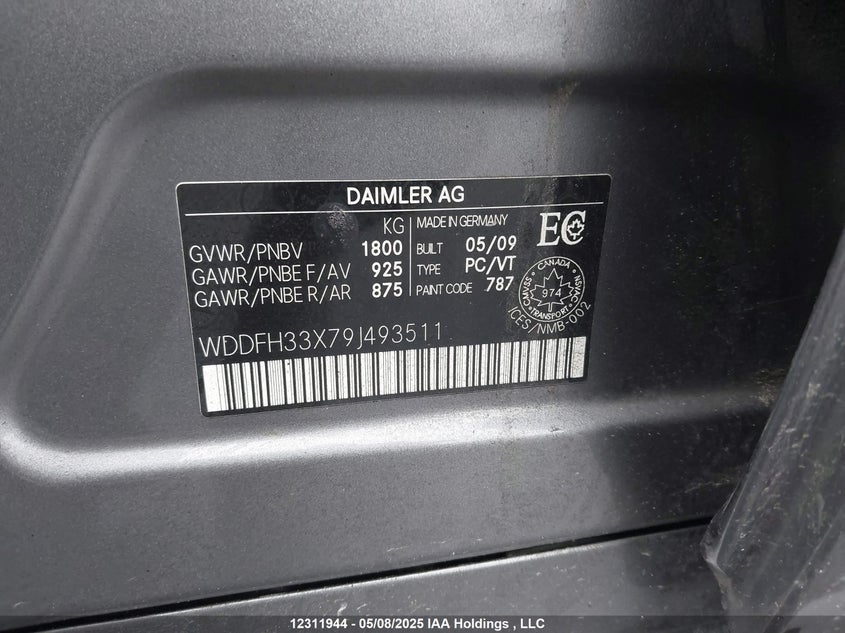 2009 Mercedes-Benz B 200 VIN: WDDFH33X79J493511 Lot: 12311944X