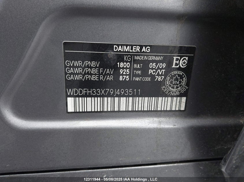 2009 Mercedes-Benz B 200 VIN: WDDFH33X79J493511 Lot: 12311944X