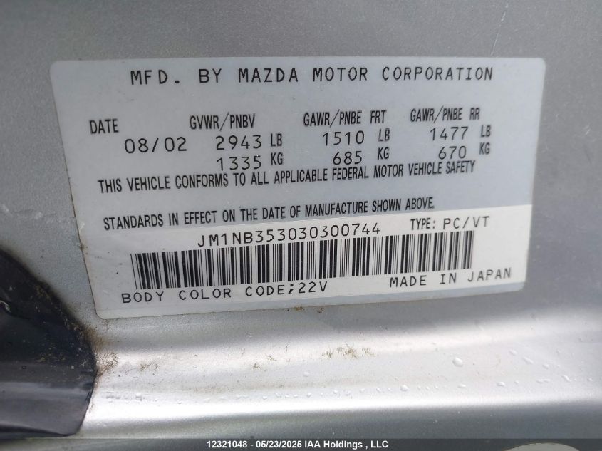 2003 Mazda Mx-5 Miata 1.8 VIN: JM1NB353030300744 Lot: 12321048X